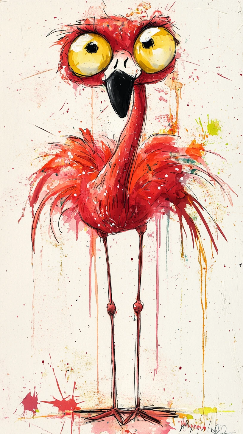 Playful watercolor flamingo tangled in its own long legs