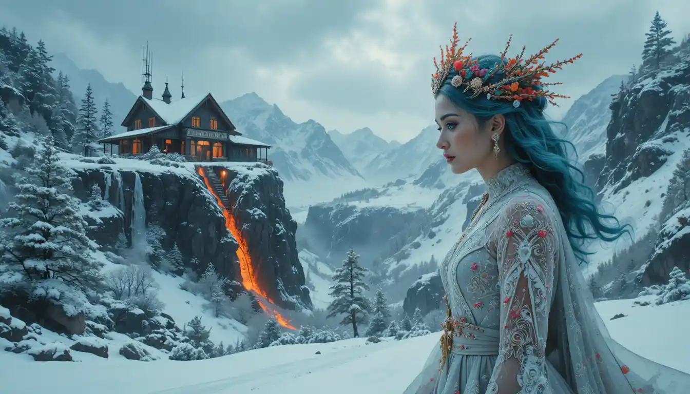 Ethereal white creature floating above snowy mountain forest