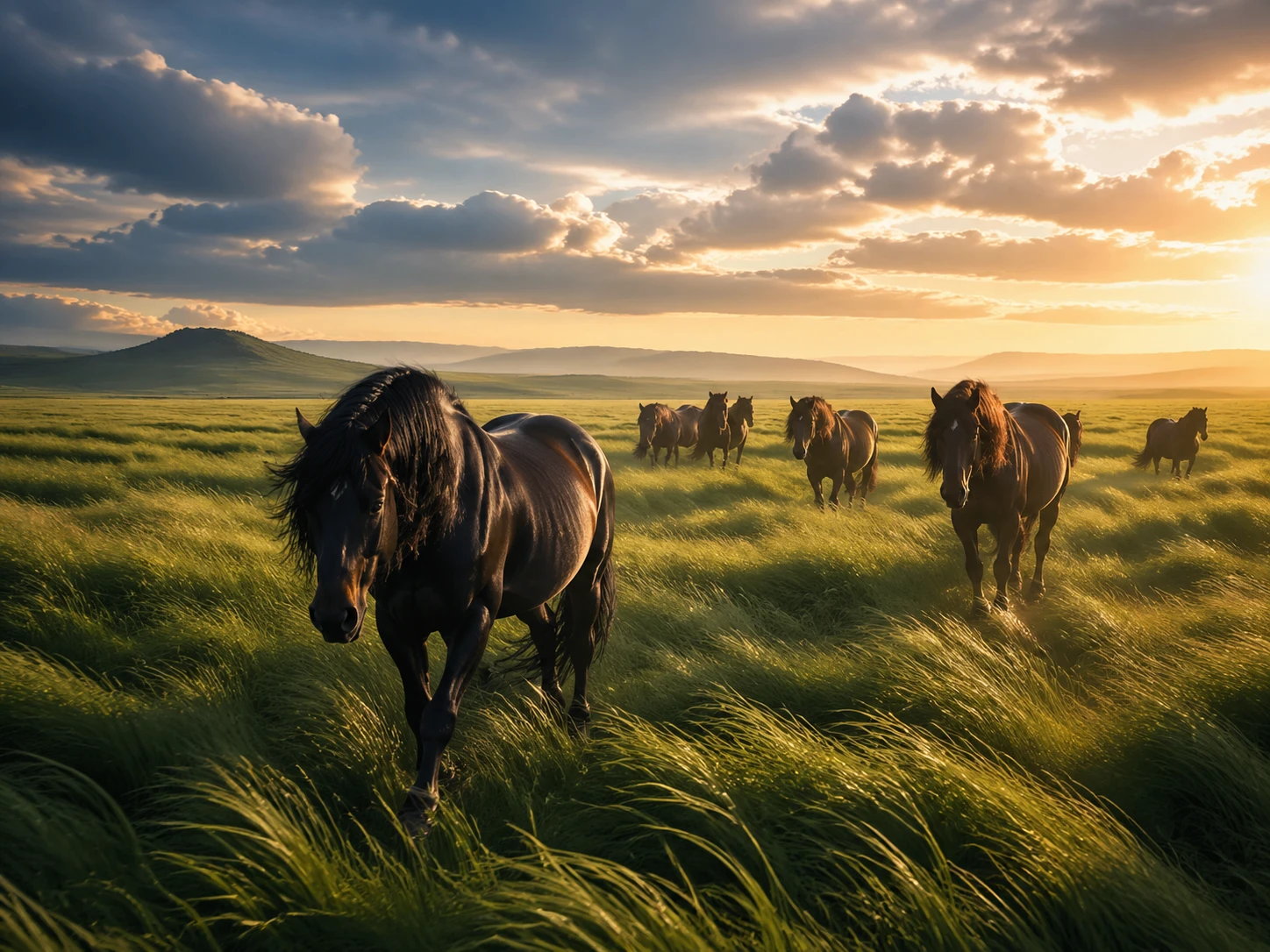Horses Moving Quietly Through Tall Sunlit Grassland