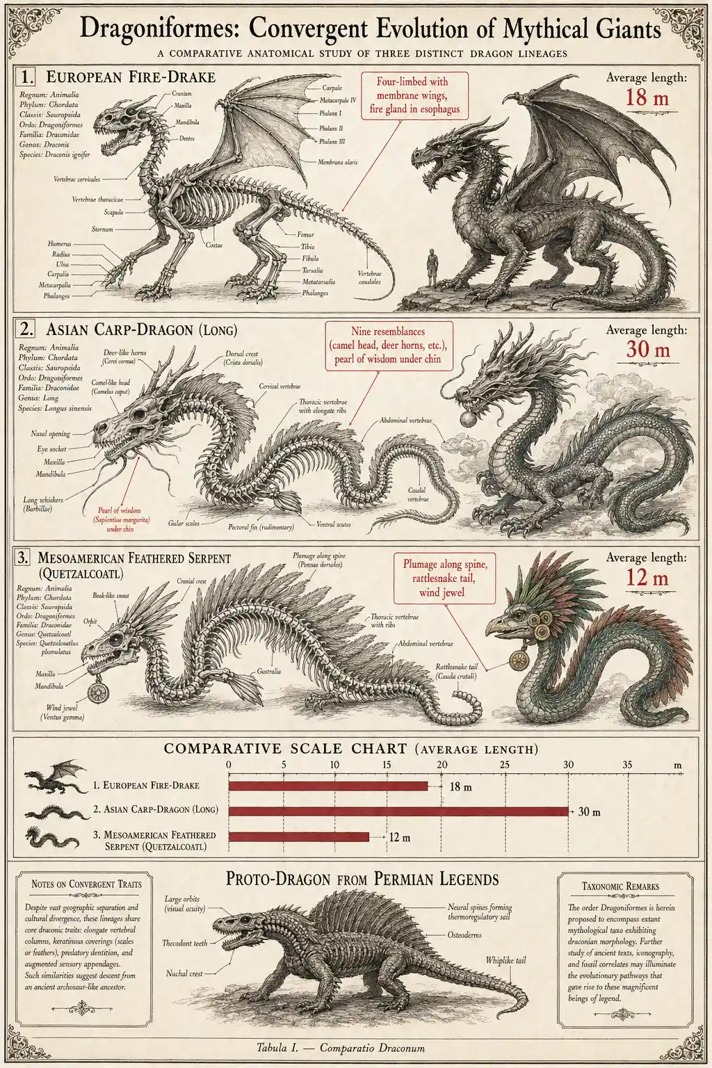 Comparative anatomy plate of three legendary dragon types