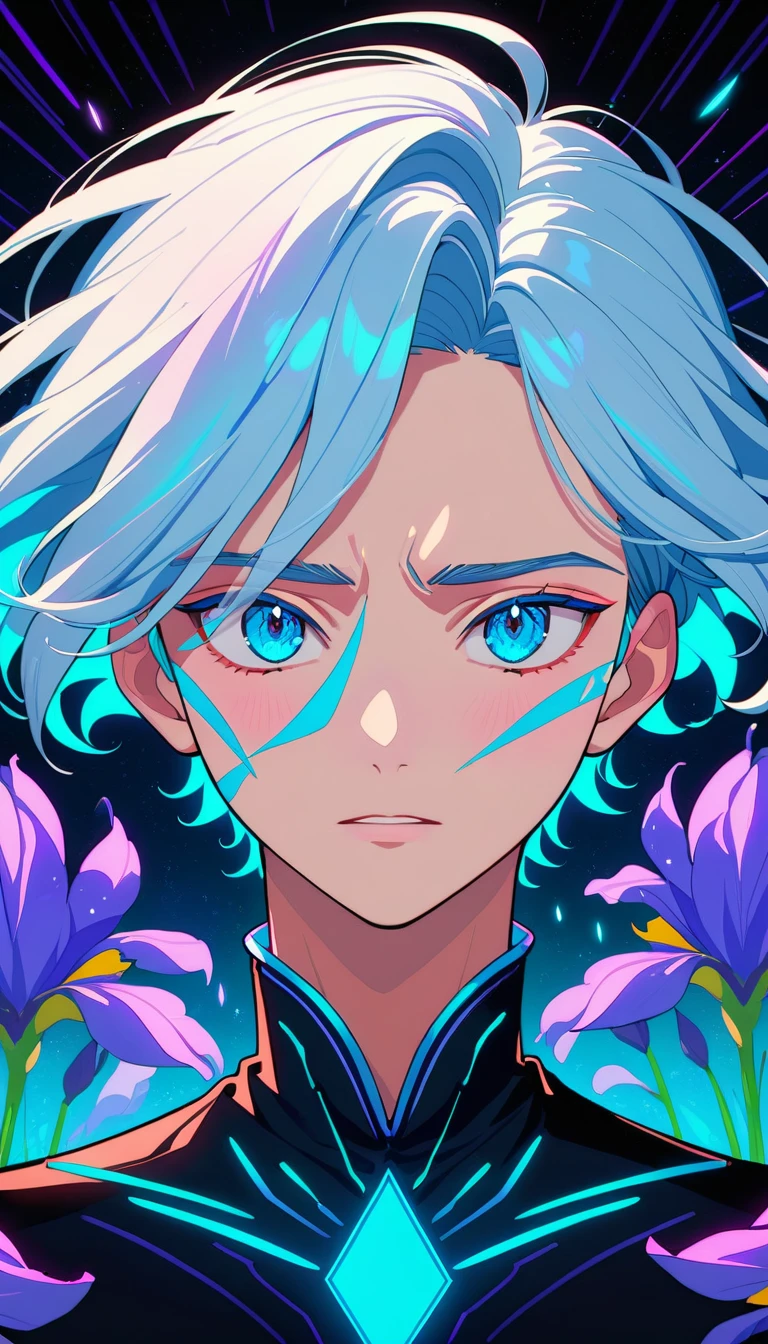 Anime boy portrait with glowing blue eyes and silver hair