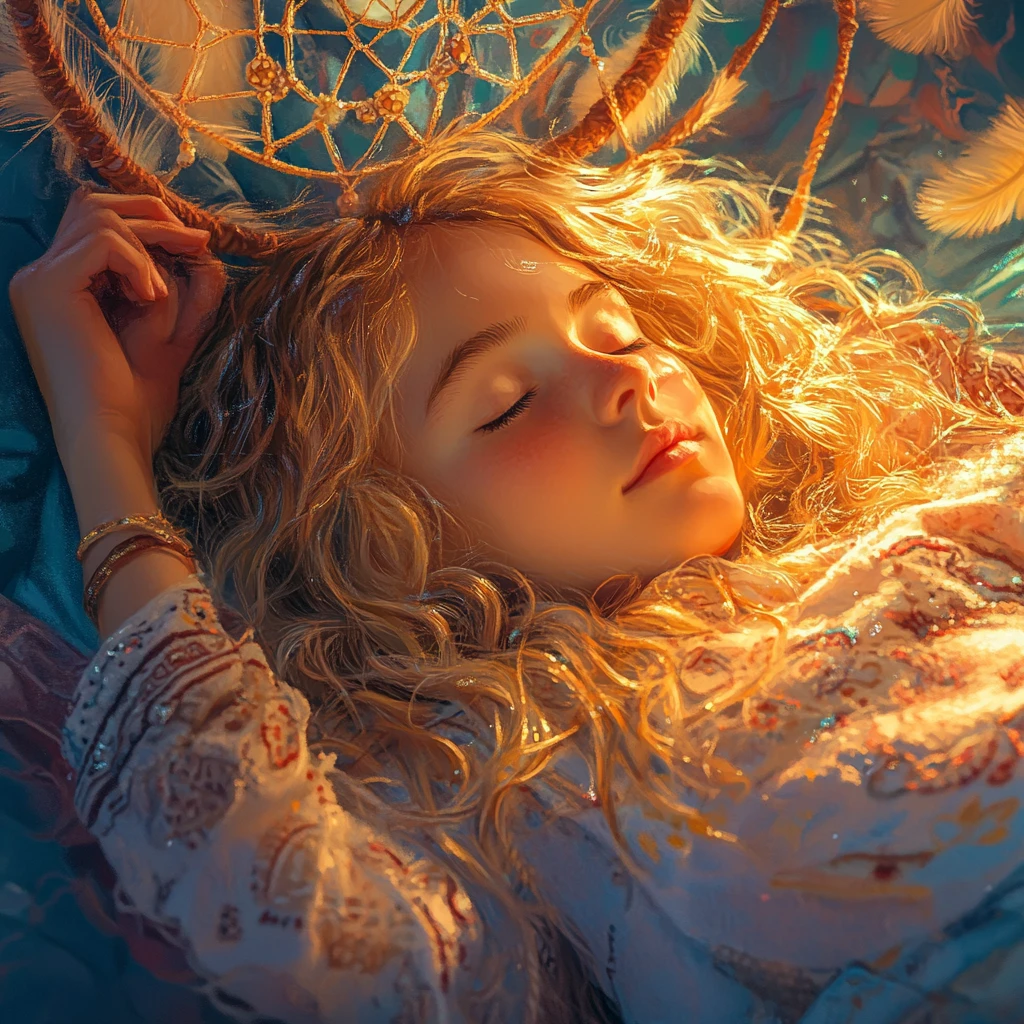 Linda niña durmiendo en la cama bajo un atrapasueños brillante