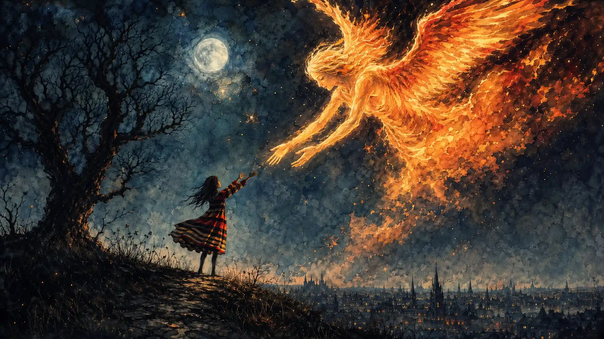 Girl On A Hill Reaching Toward A Fiery Angel