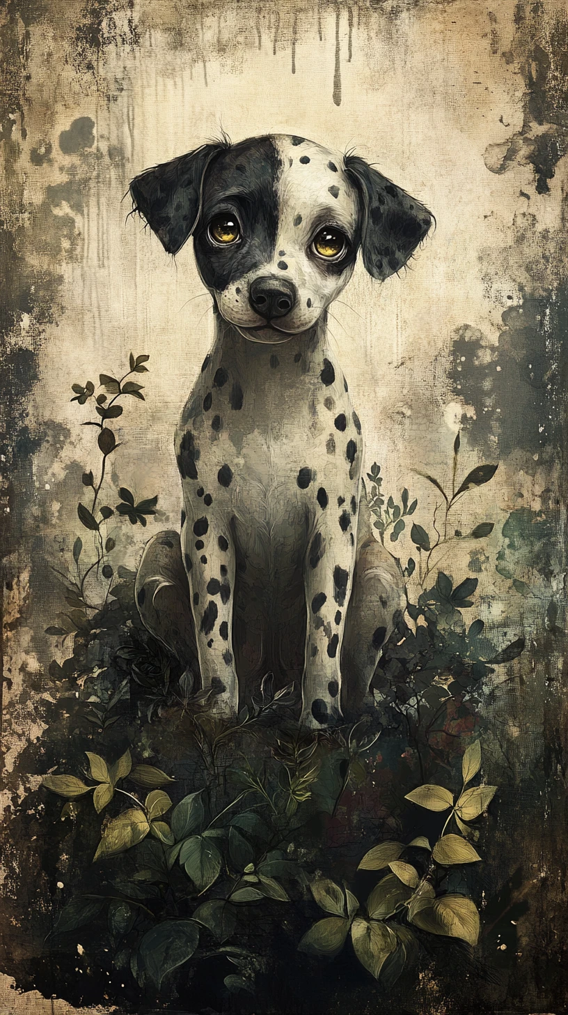 Whimsical gothic puppy with big eyes on grunge canvas