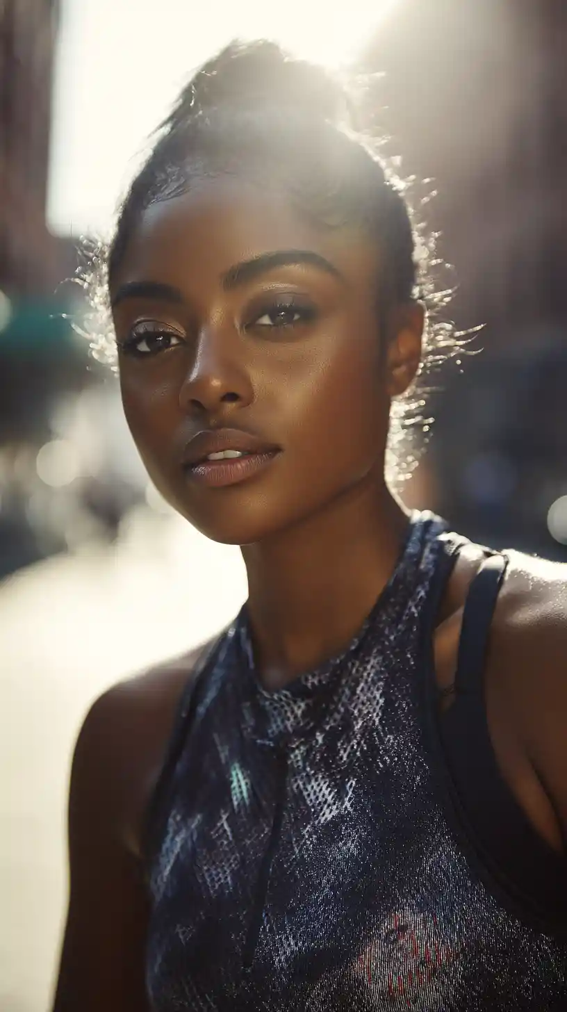 Strong athletic woman posing on a New York city street