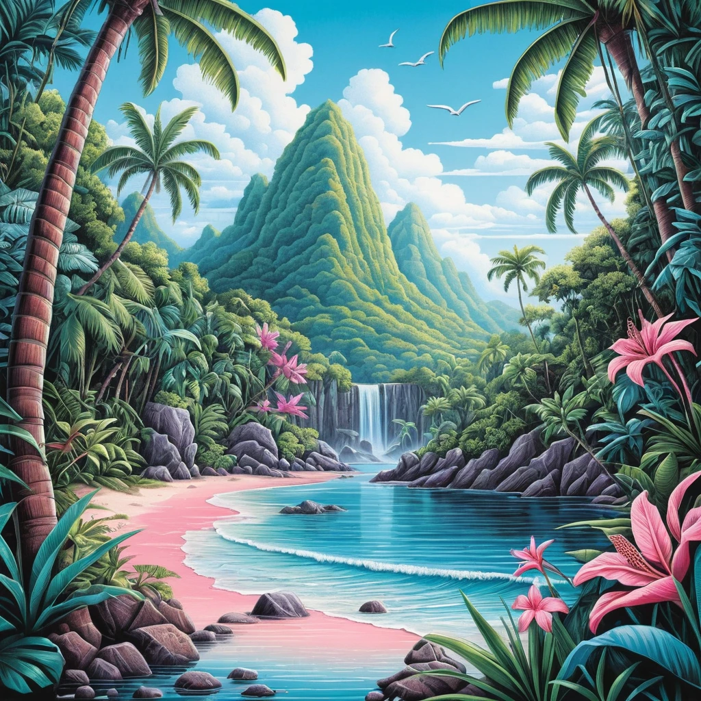 Colorful tropical jungle landscape in vibrant summer tones