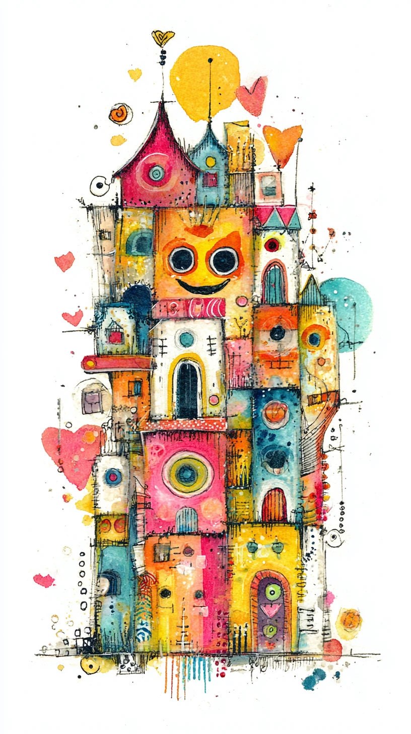 Playful colorful house in bubbly mixed media style