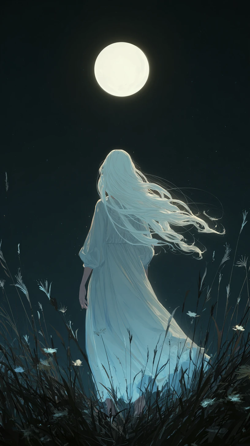 Woman with luminous white hair under a glowing full moon