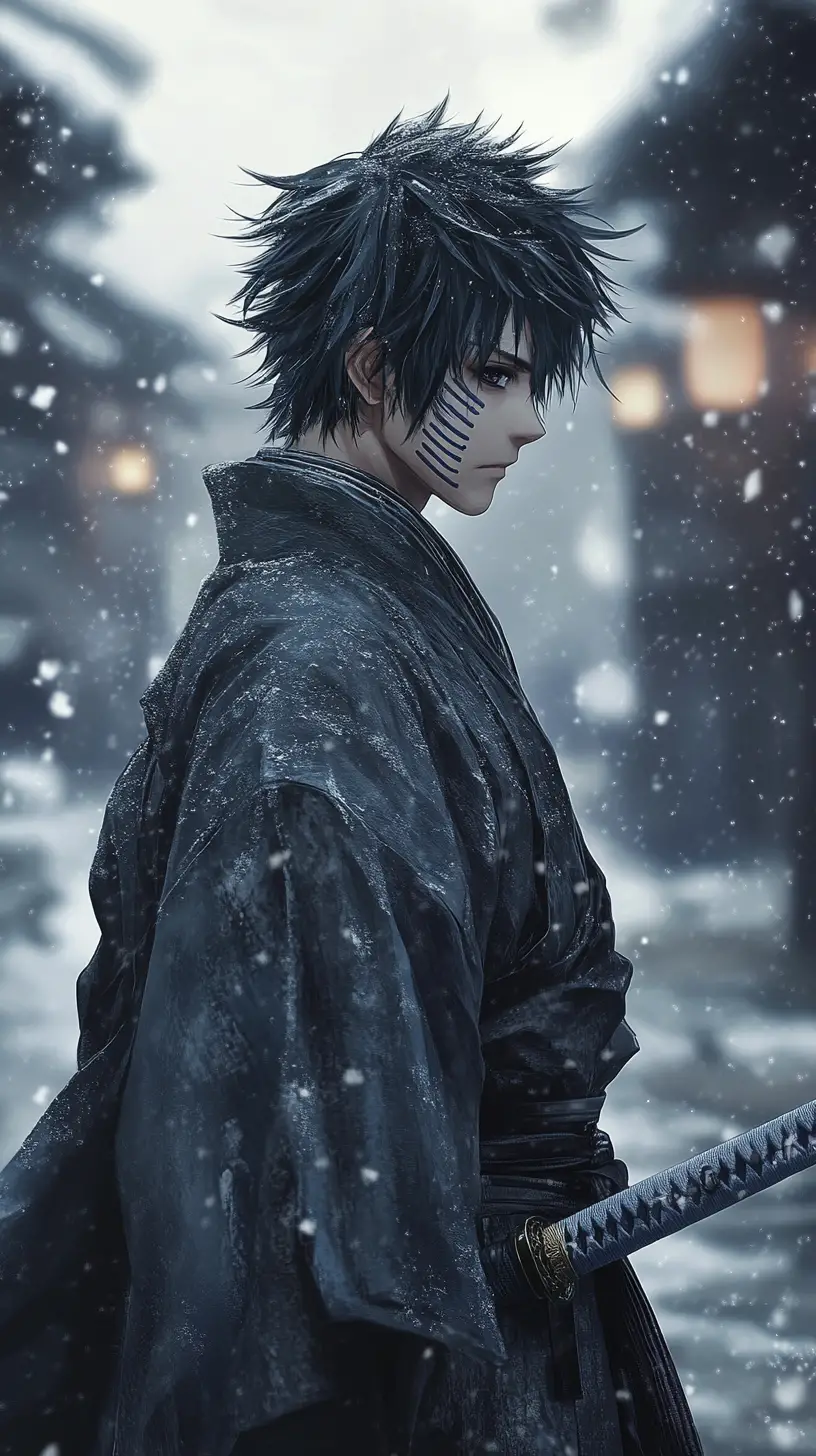 Anime swordsman in snowy ruins with somber profile