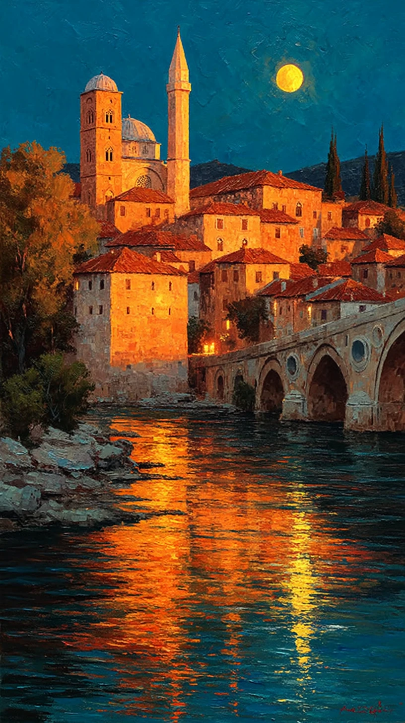 Golden twilight over a historic riverside stone city