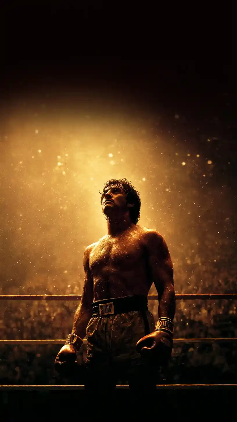 Boxer celebrating victory in a cinematic city boxing ring