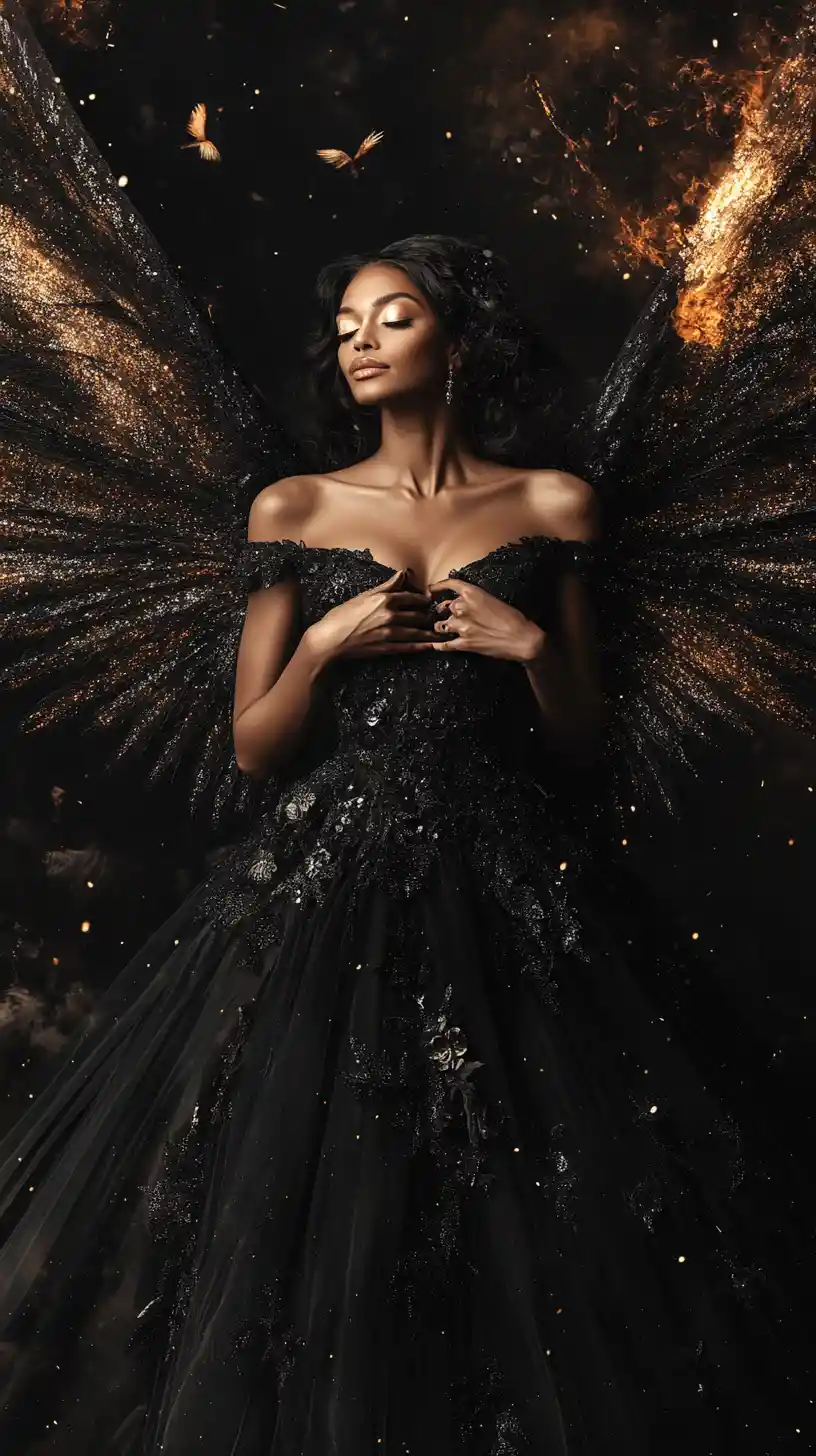 Dark skinned angelic woman in black ball gown with wings