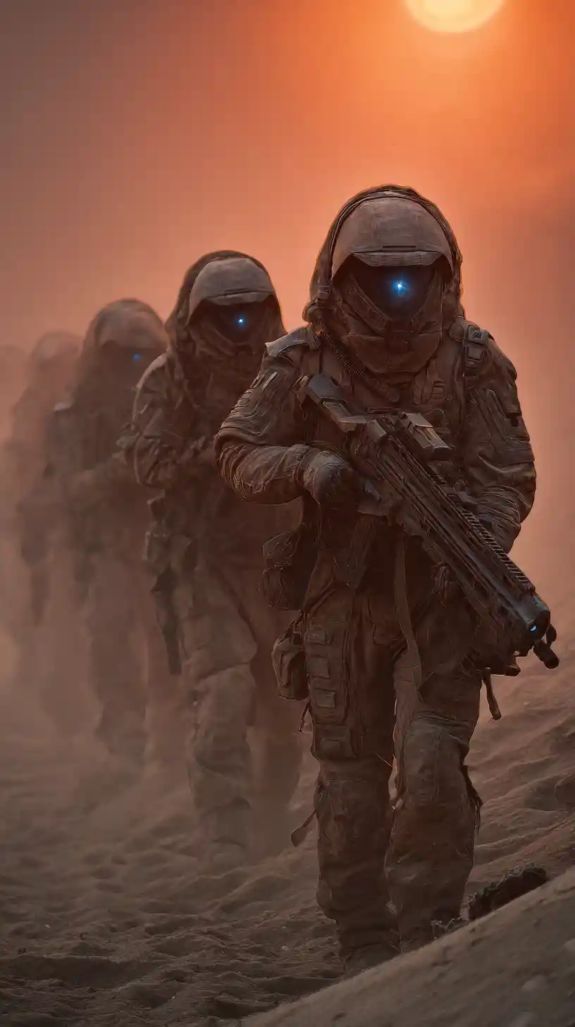 Armored marines in a dynamic sci fi battlefield formation