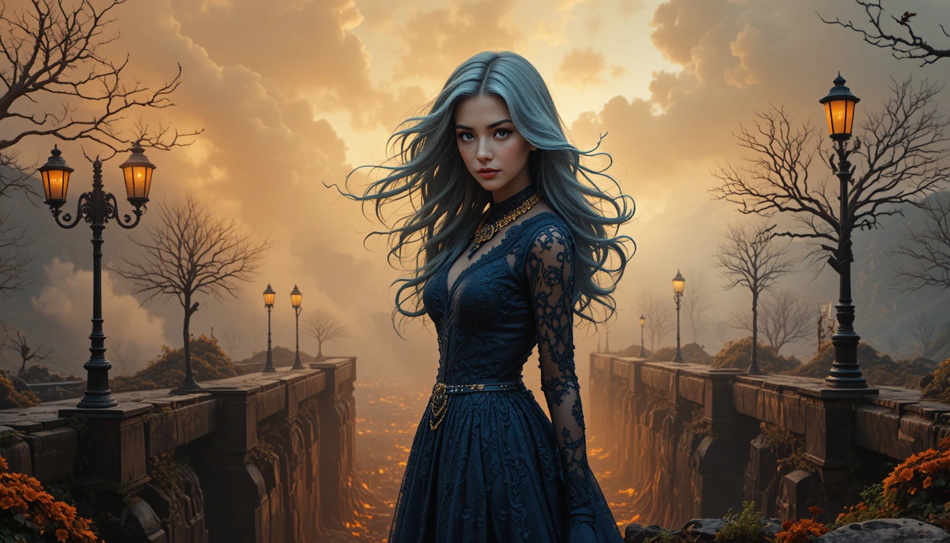 Ethereal woman on vintage street with glowing lanterns