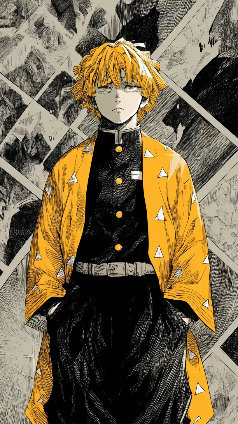 Determined anime swordsman in yellow haori with dramatic shadows