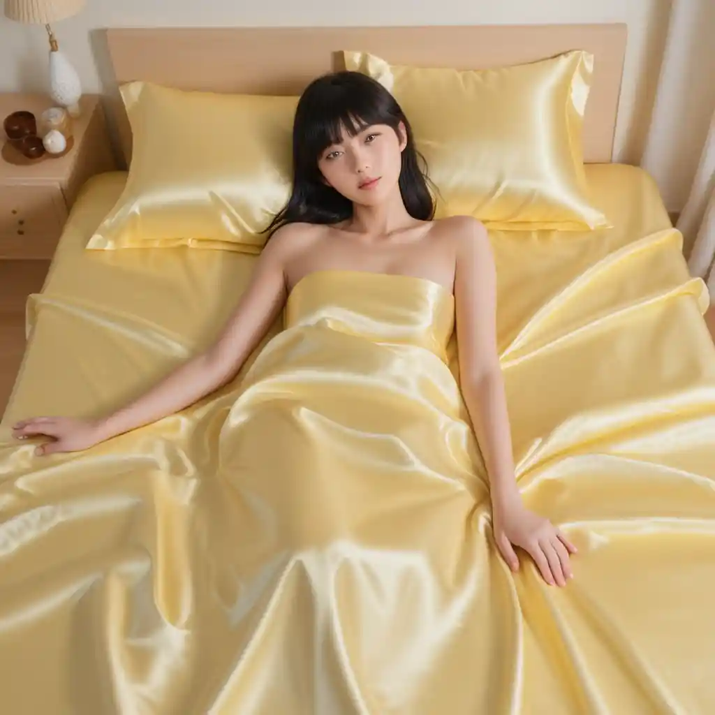 Japanese woman resting on glossy yellow satin bed sheets