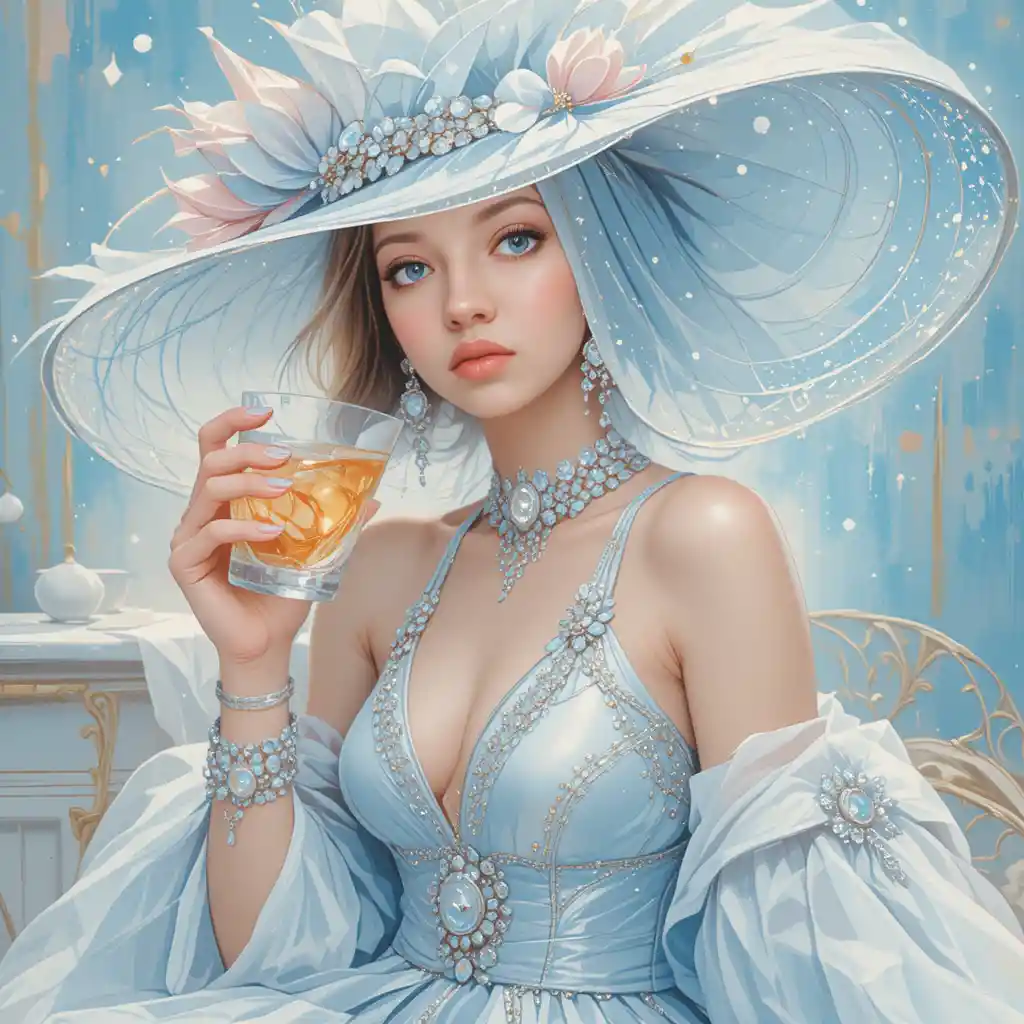 Elegant woman in pastel blue sipping a stylish cocktail