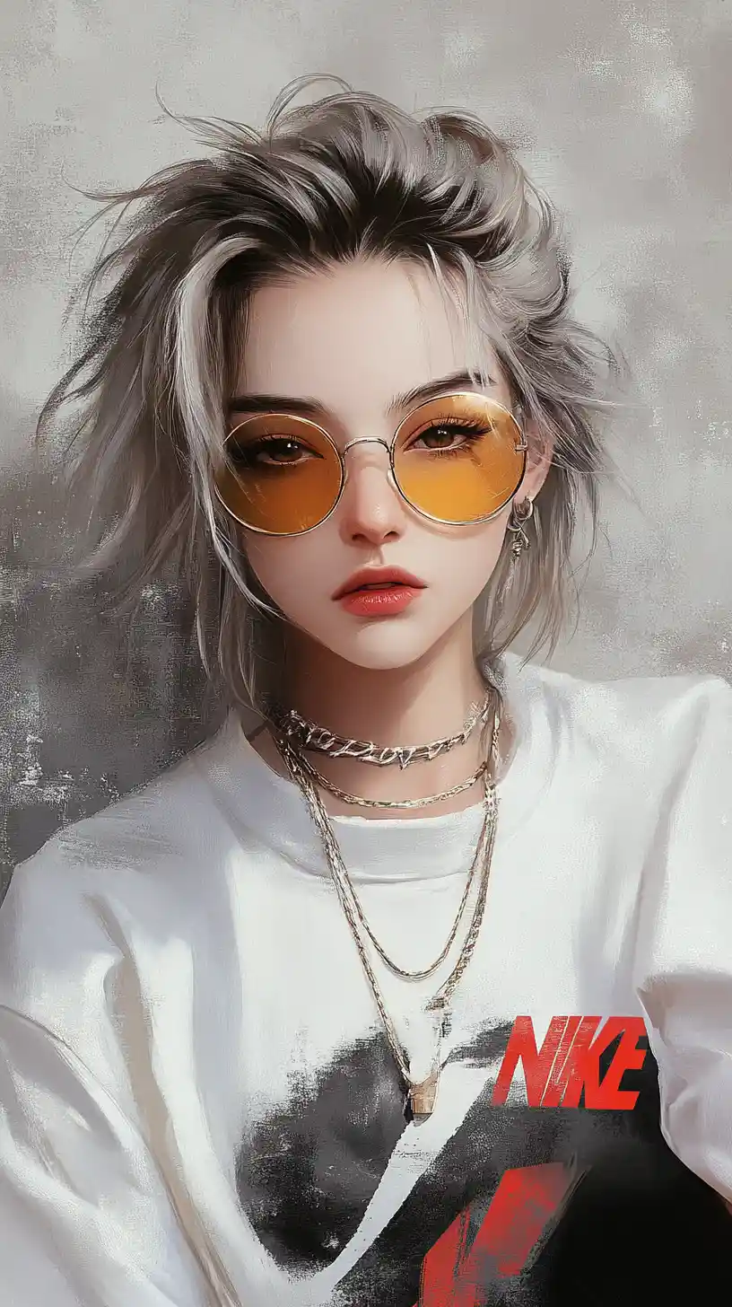 Androgynous anime woman in streetwear with bold accessories