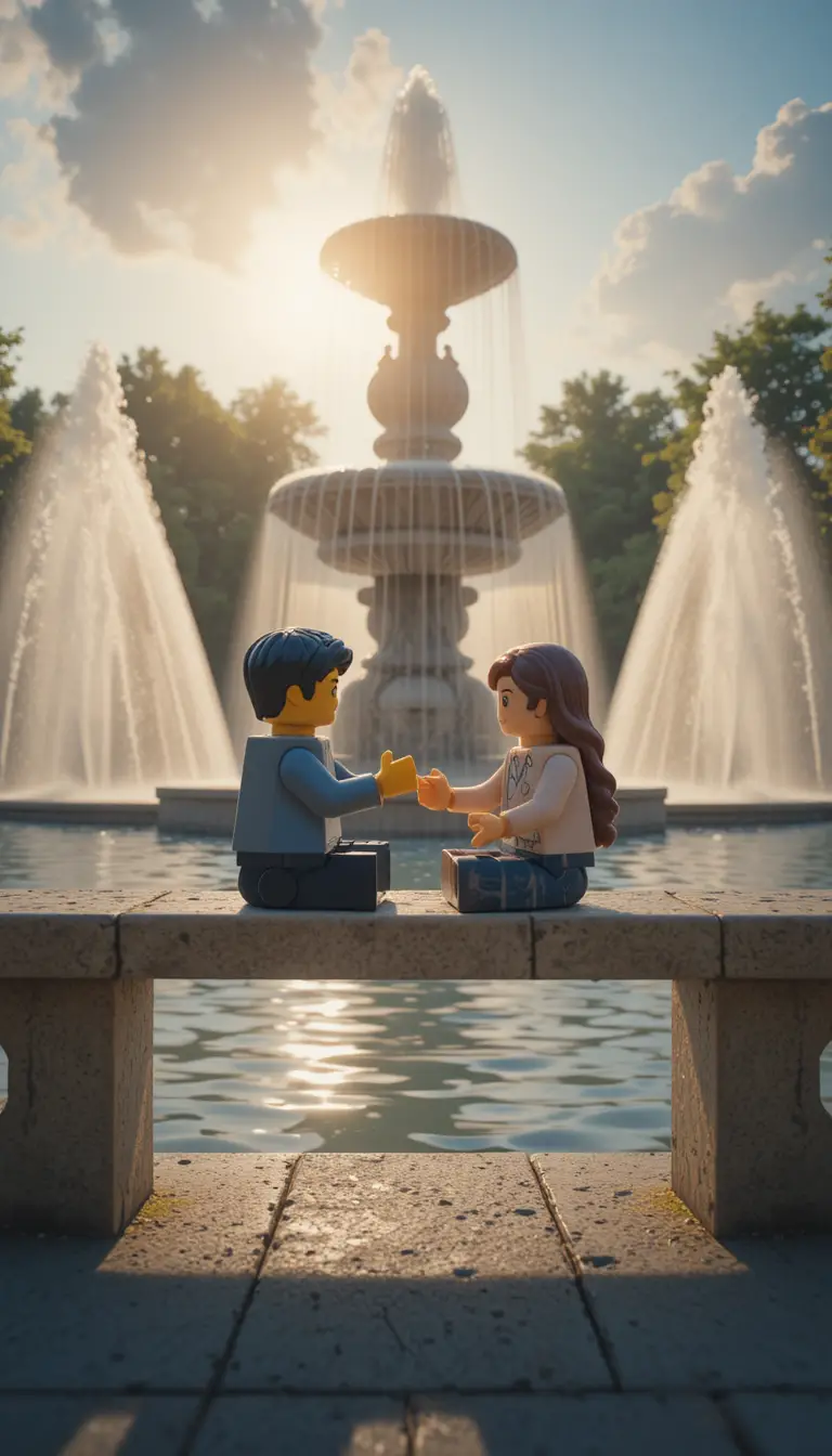 Lego couple holding hands by a peaceful summer fountain