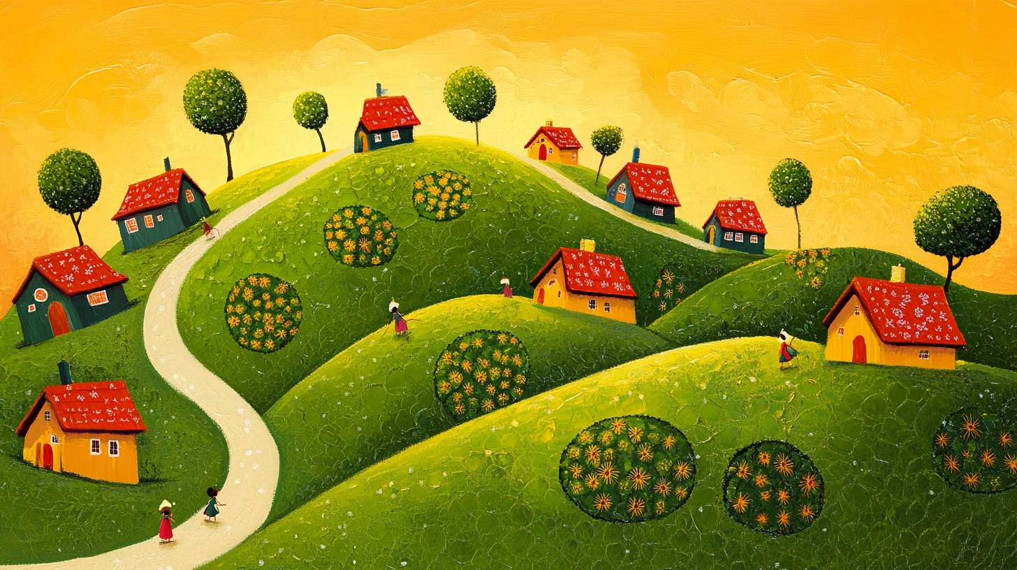 Pueblo Fantasioso en Colinas Verdes con Estilo Folk Art Dorado