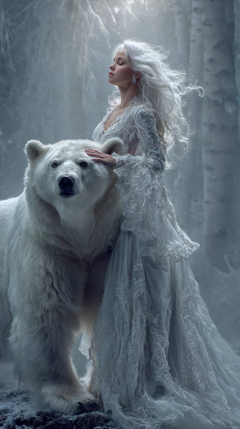 Mujer mística y oso polar en un bosque invernal encantado