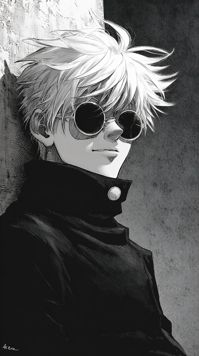 Cool anime man with sunglasses in monochrome portrait