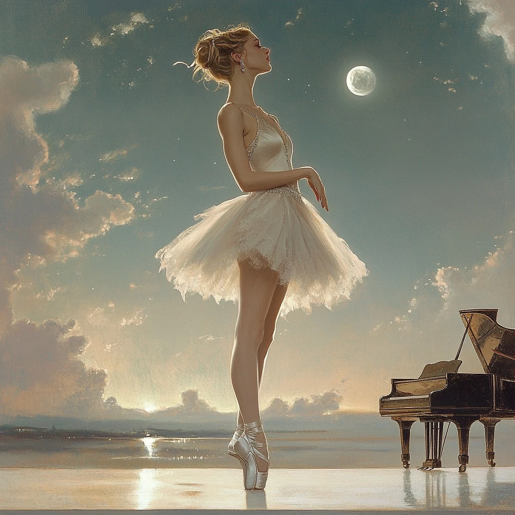 Graceful ballerina poised under a calm moonlit sky