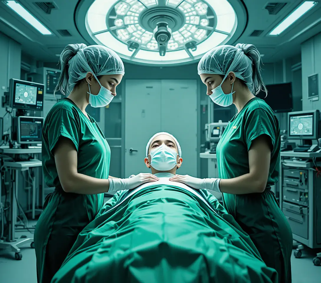 Two nurses with patient in a modern surgical operating room