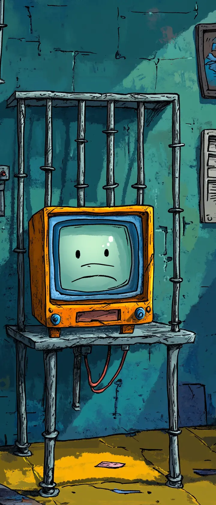 Sad cartoon computer being repaired in digital prison