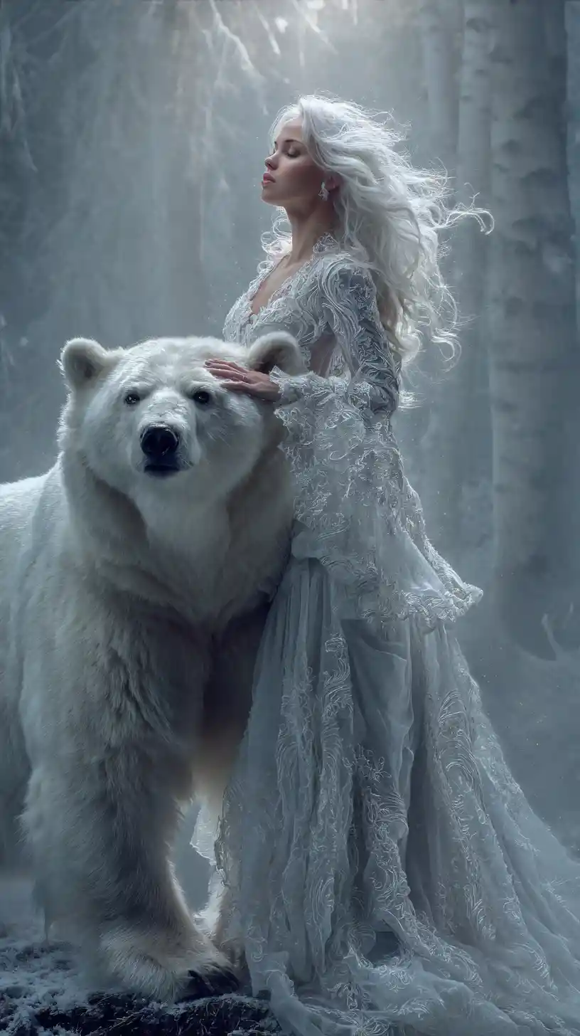 Mujer mística y oso polar en un bosque invernal encantado