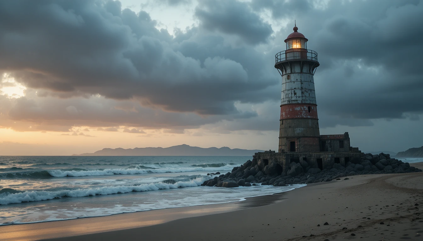 Solitary lighthouse facing a stormy sea at dawn