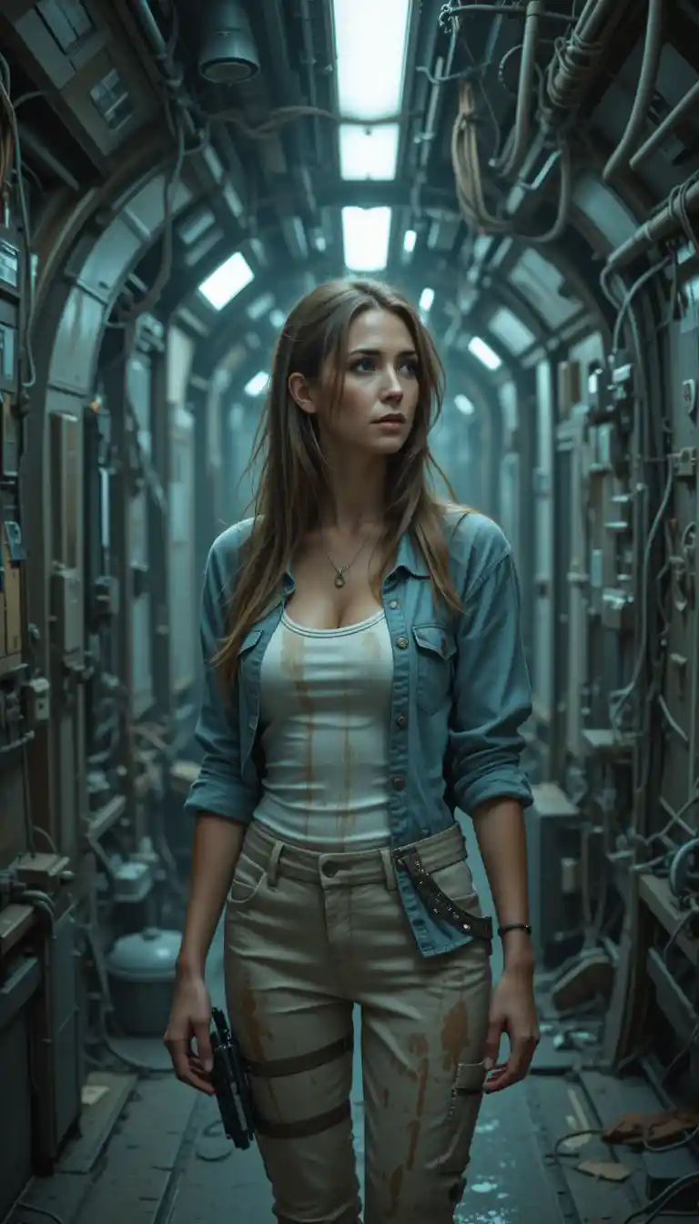Oil Stained Sci Fi Woman In Dim Spaceship Corridor