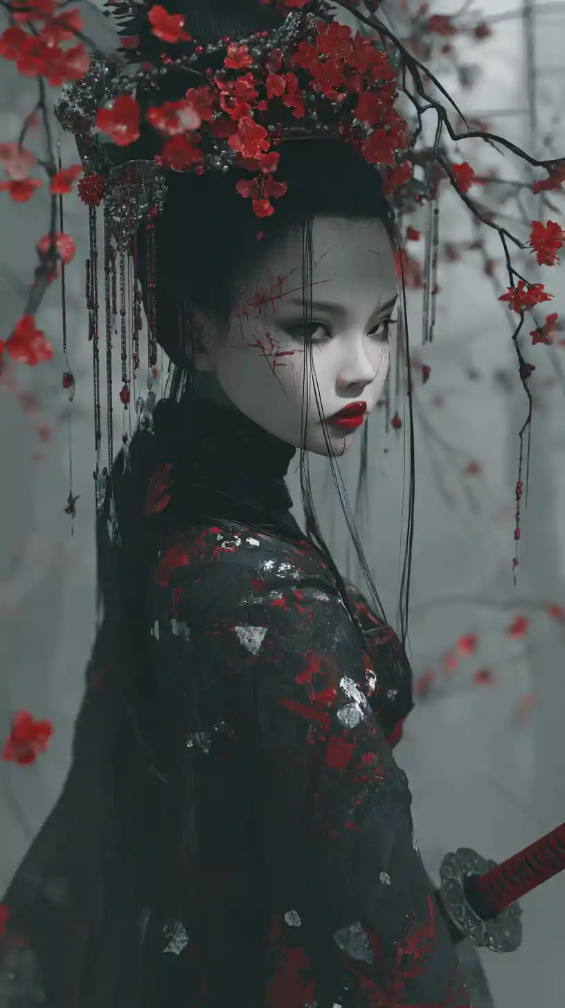 Gothic Japanese woman with stitched lips and cherry blossoms