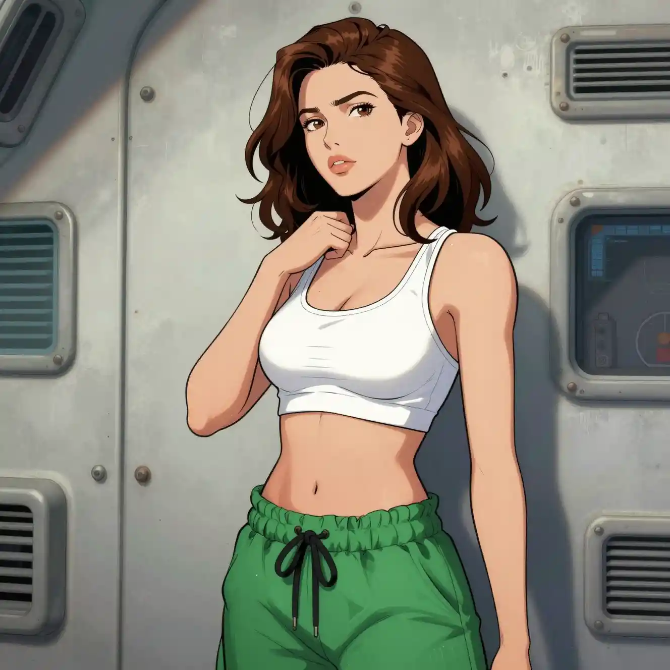 Giovane donna in abbigliamento sportivo in un’astronave vissuta