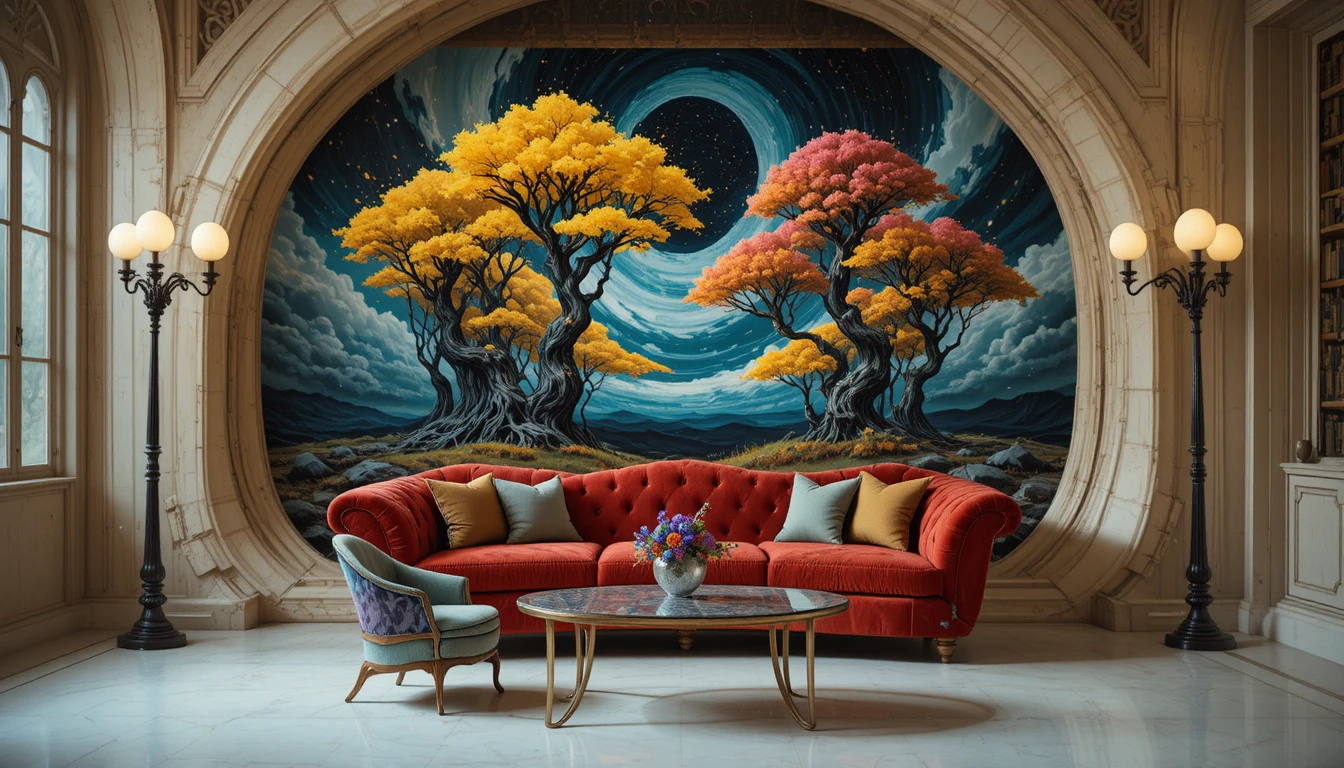 Futuristic baroque red sofa before surreal cosmic painting