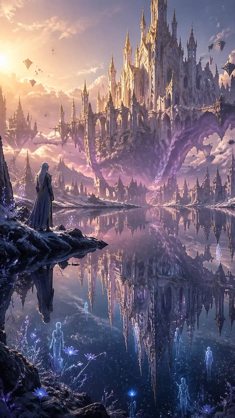 Cel shaded mirror lake with floating marble cathedral
