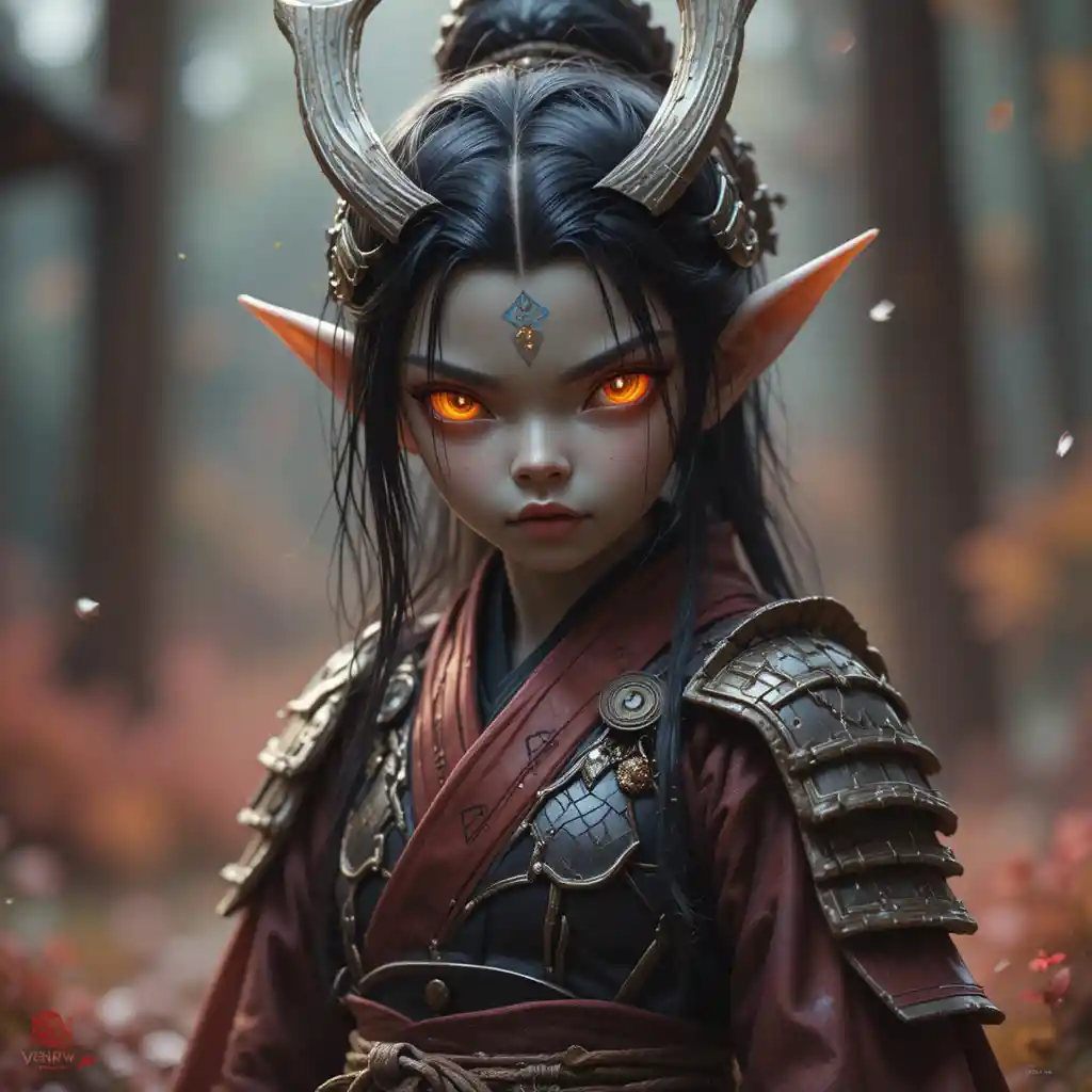 Elf warrior with demon eyes in tengu winged samurai armor