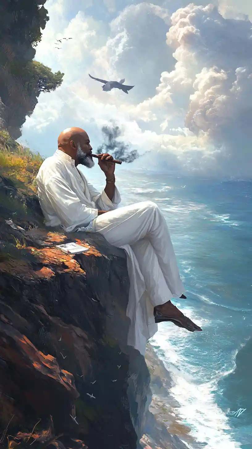 Uomo calvo che fuma un sigaro su una scogliera sul mare