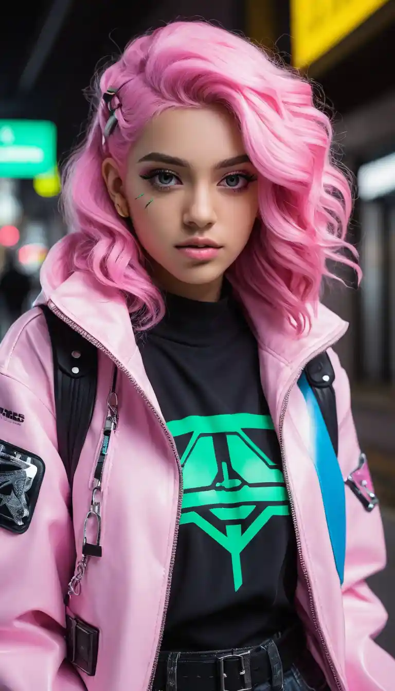 Cyberpunk anime girl portrait with neon city lights