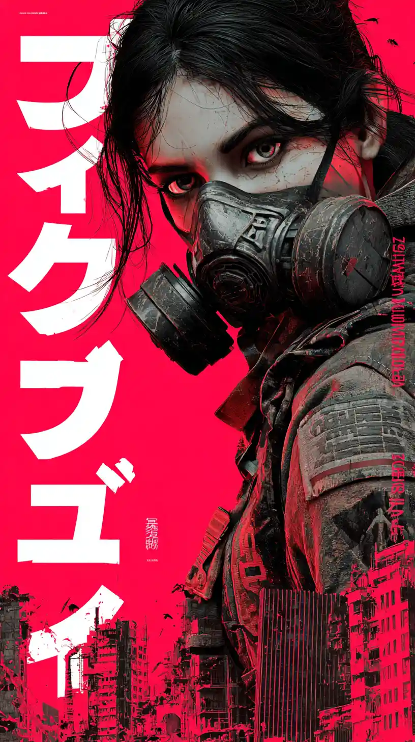 Maskierte Cyberpunk-Frau in einer zerstörten roten Stadtlandschaft