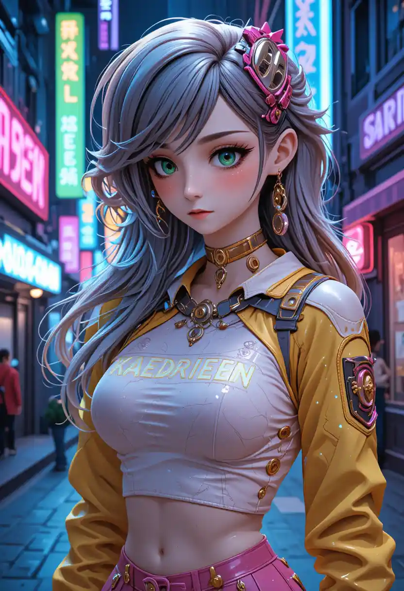 Anime girl in cyberpunk jacket under neon city lights