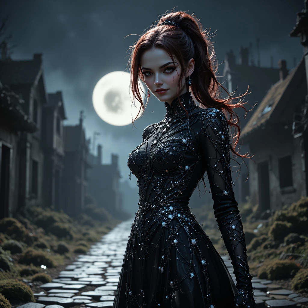Sinister spider silk sovereign in a ruined gothic village