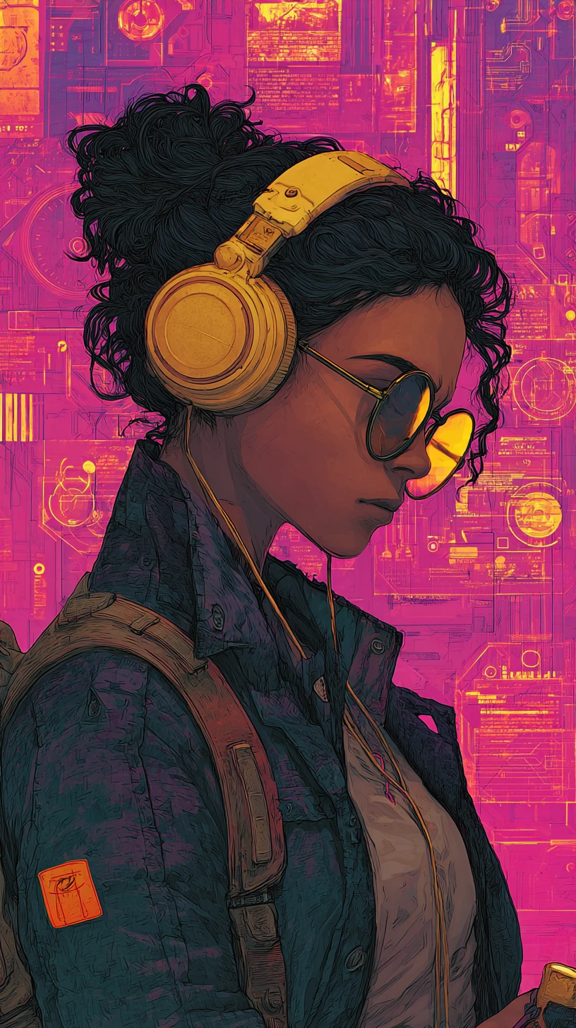Cyberpunk girl in headphones with neon city backdrop