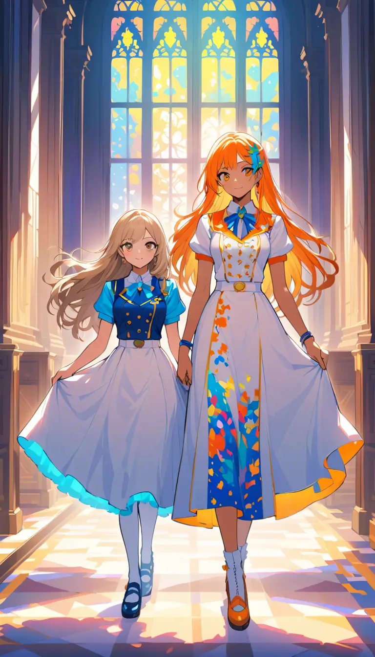 Anime girls walking through a sunlit church corridor