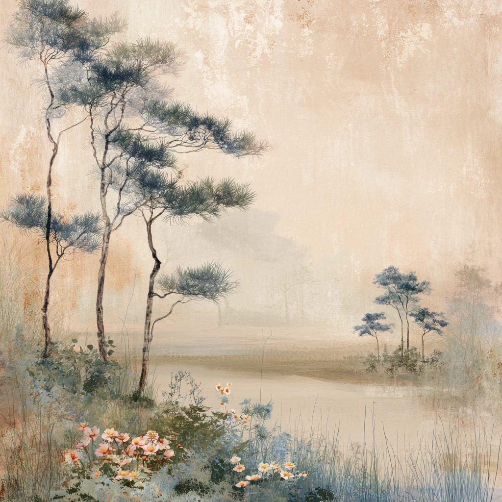 Serene misty landscape with whispering trees and flowers