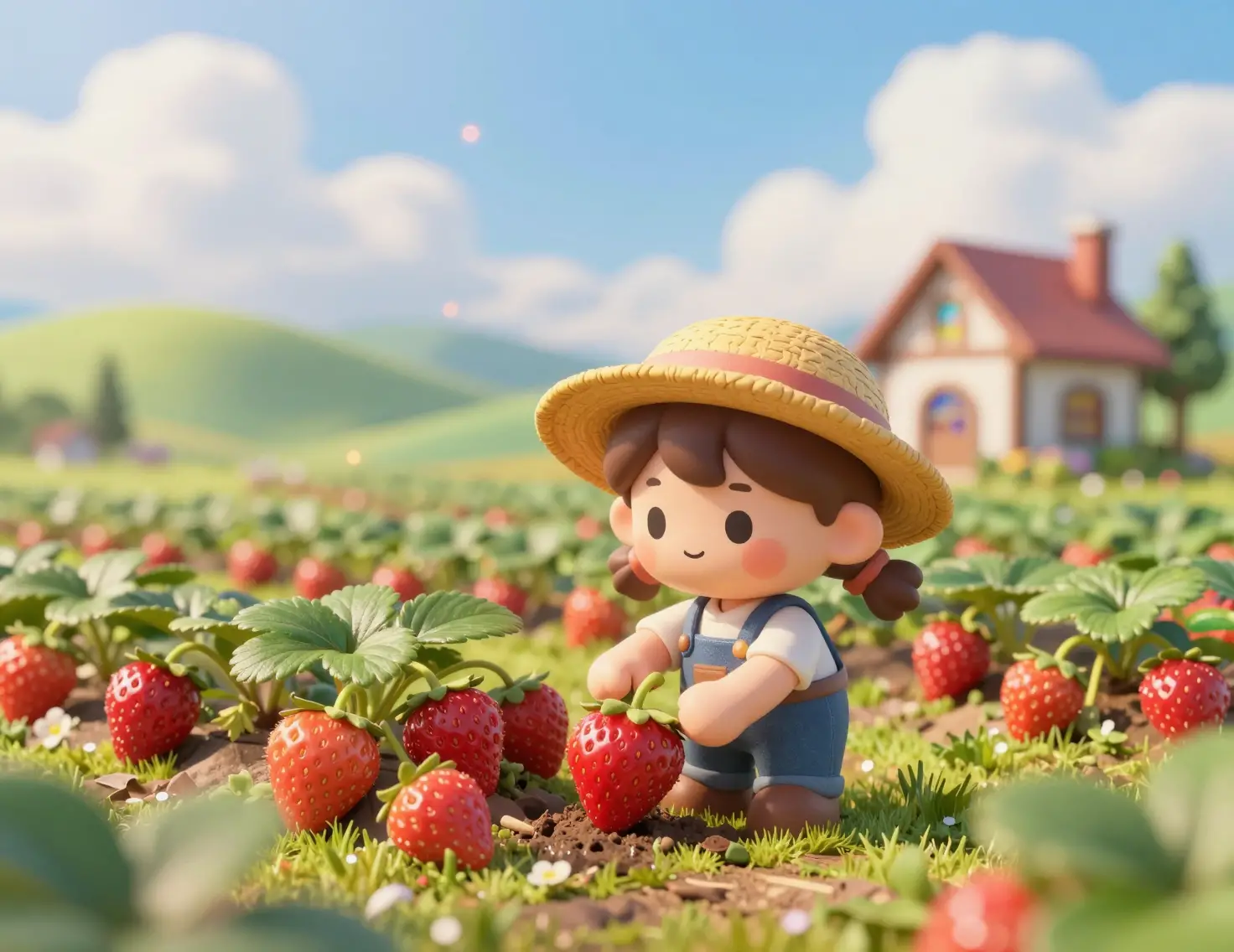 Dolce contadinella chibi che cura le fragole in un soleggiato campo 3D