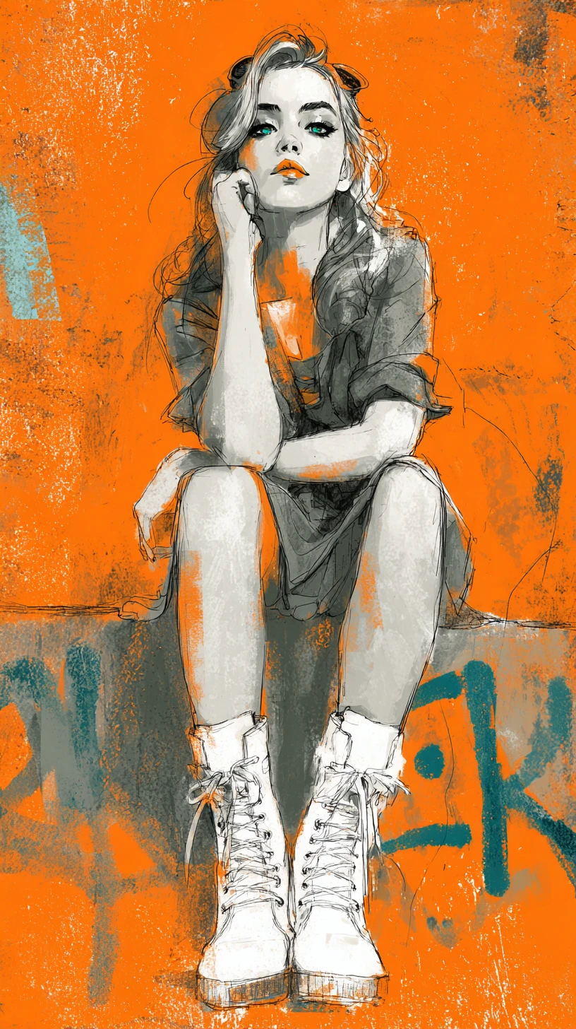 Stylish woman posing against colorful urban graffiti wall