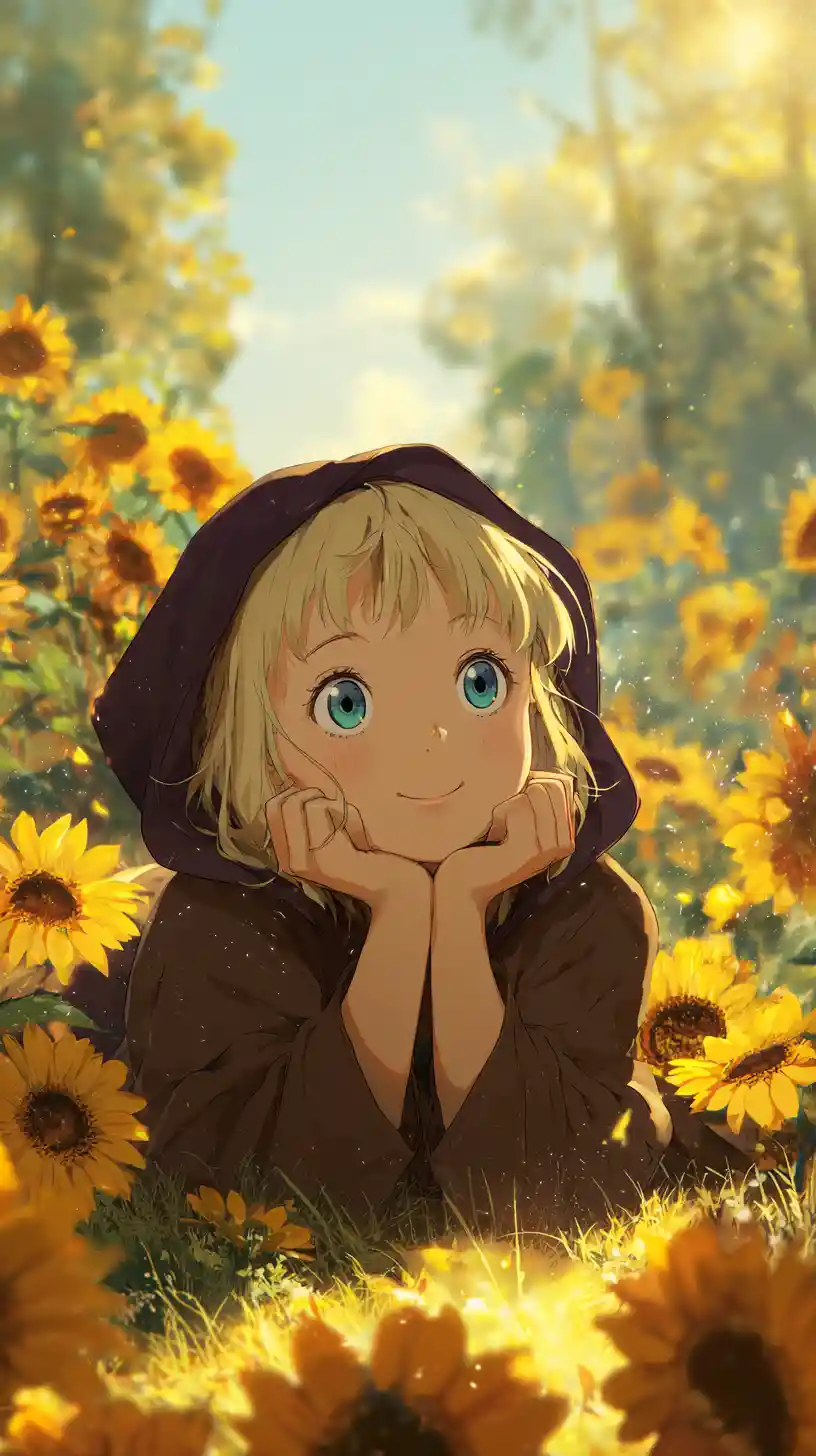 Blonde anime girl resting in a glowing sunflower field