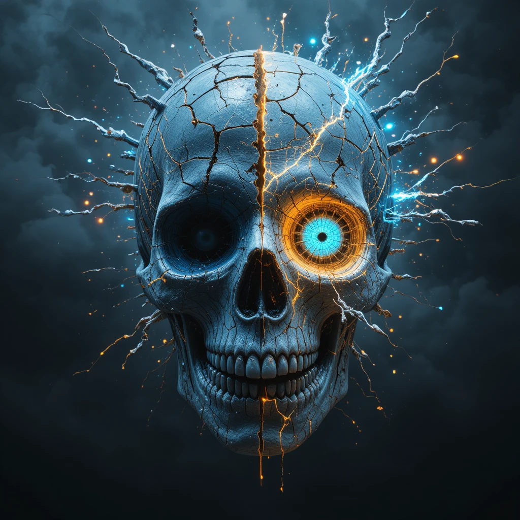 Neon cracked skull with mismatched muted blue and gold eyes