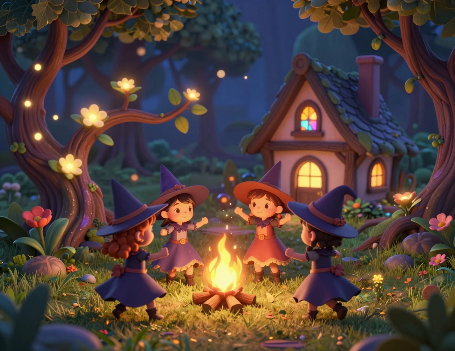 Chibi witches dancing around a campfire in forest dusk